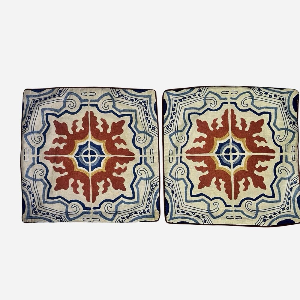 Pier 1 Vintage 2 Pillow Covers 18” x. 18” Mediterranean Tile Blue Terracotta